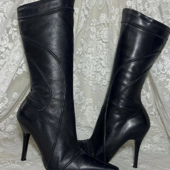 Black leather stiletto heel punk mid calf boots - Picture 1 of 4
